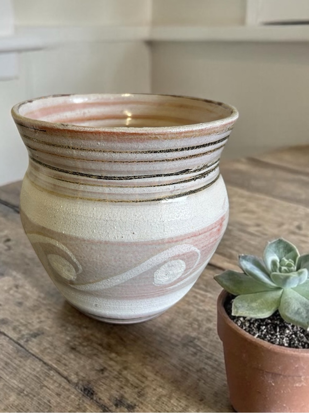 Boho Studio Pottery Ceramic Pot Vase - Wavy Banded Glaze - 6.25"